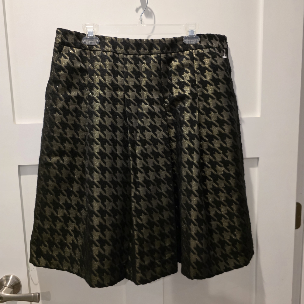 Ann Taylor Womens Black Gold Pleated Skirt A-Line Houndstooth Shimmer 14 Elegant